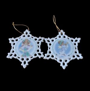 Two Precious Moments Ceramic White Snowflake Ornaments Joy Family Peace Love